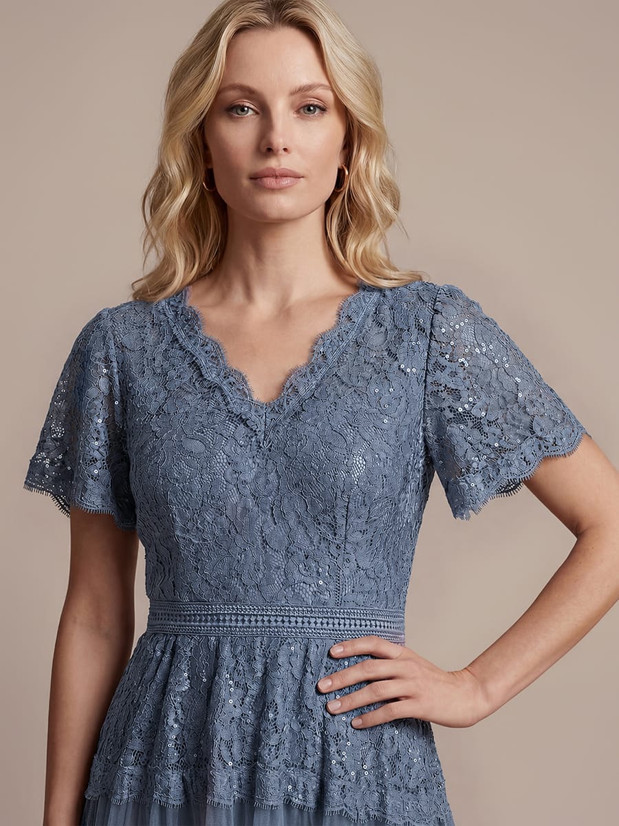 Lace Ruffle Sleeve A-line Dress #color_Dusty Blue