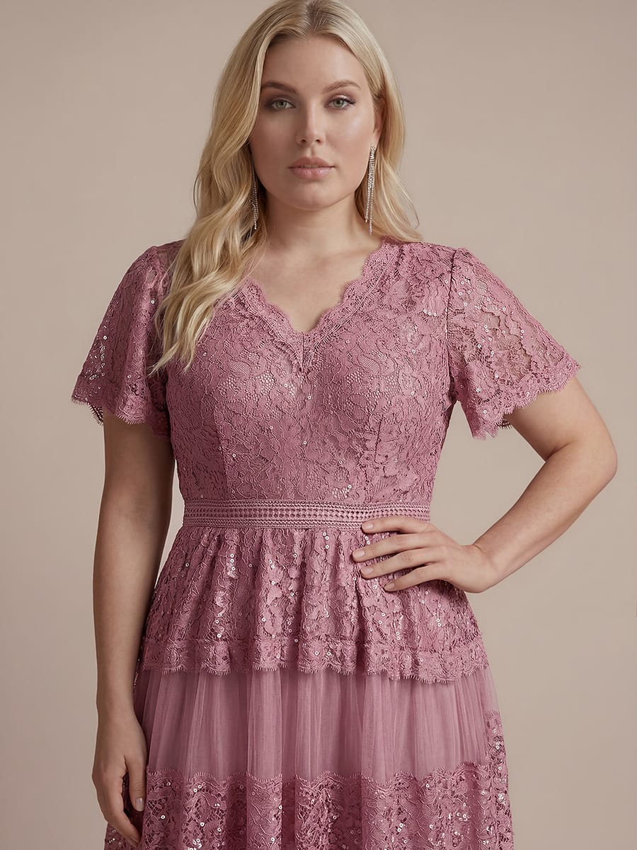 Lace Ruffle Sleeve A-line Dress #color_Purple Orchid