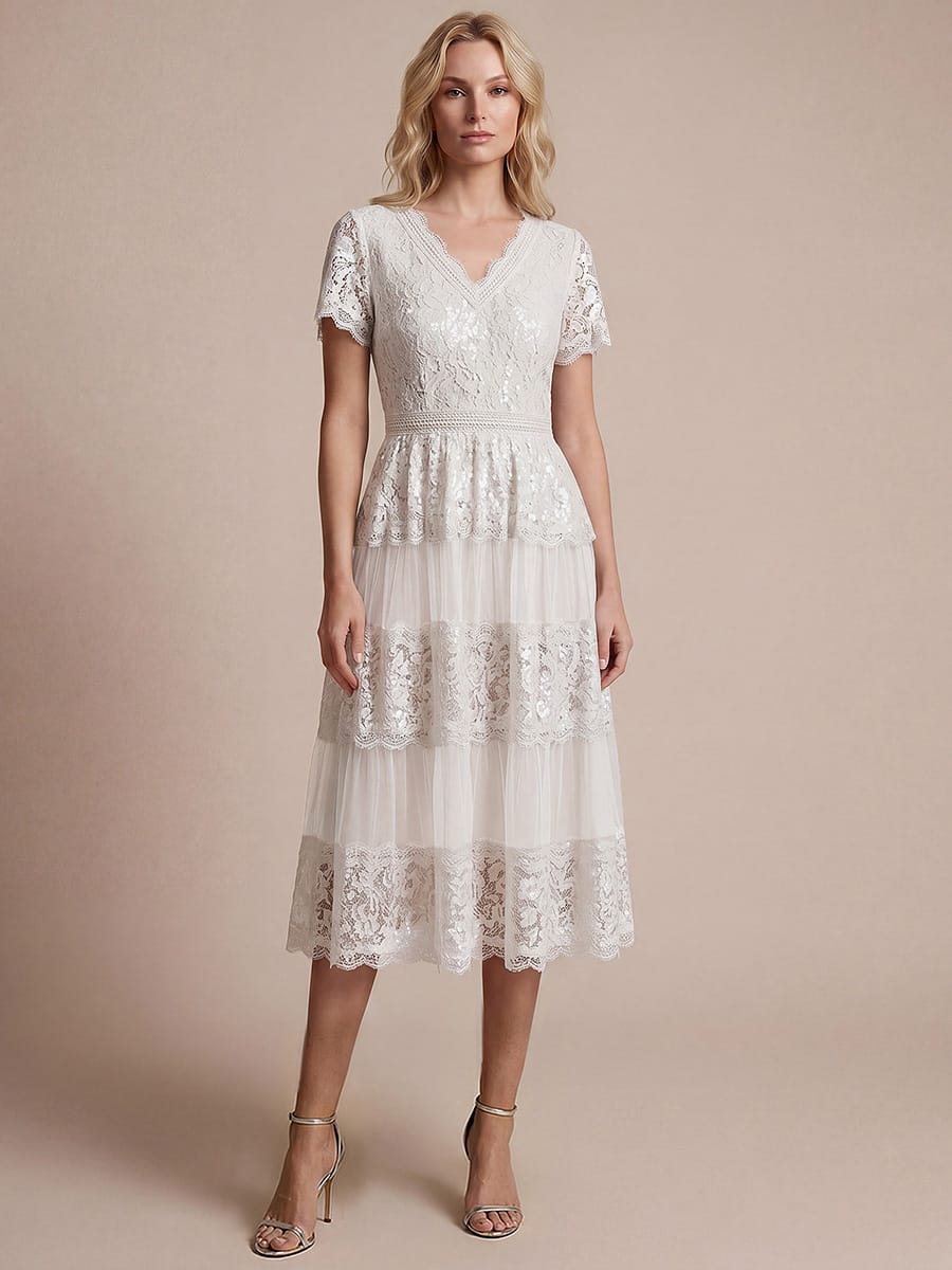 Lace Ruffle Sleeve A-line Dress #color_White