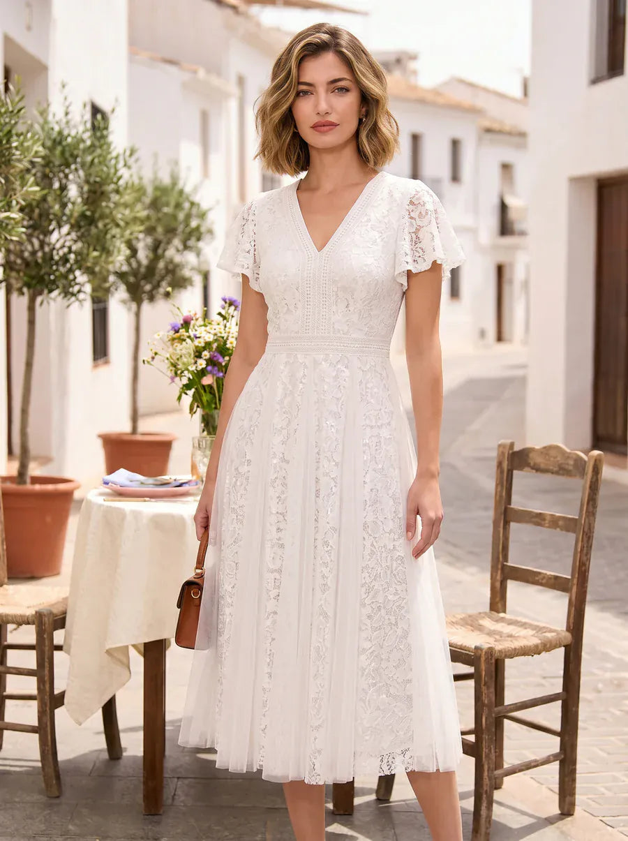 Ruffled Lace Ruffle Sleeve Dress #color_White