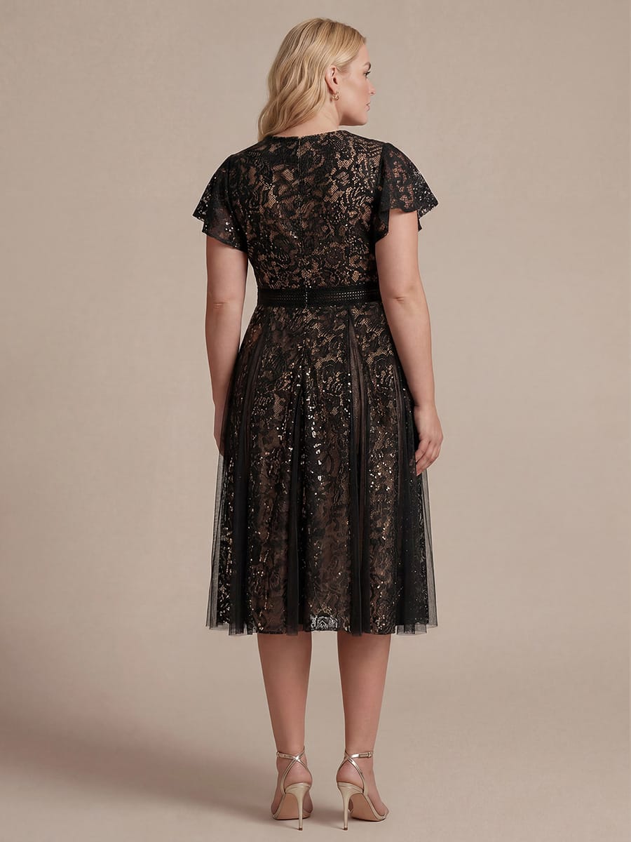 Ruffled Lace Ruffle Sleeve Dress #color_Black