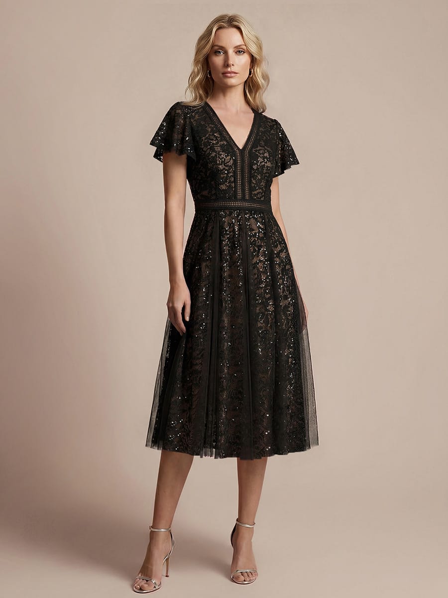 Ruffled Lace Ruffle Sleeve Dress #color_Black
