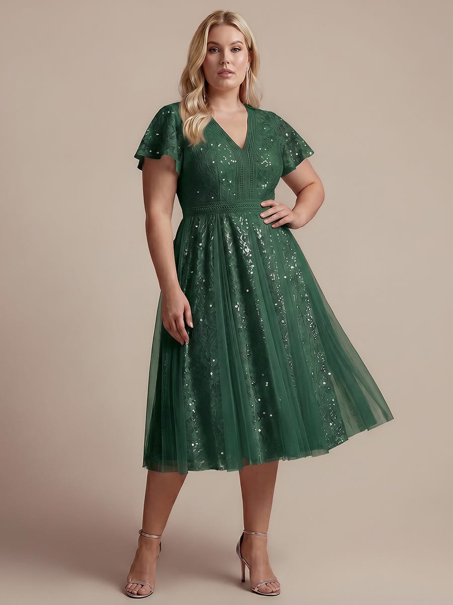 Ruffled Lace Ruffle Sleeve Dress #color_Dark Green