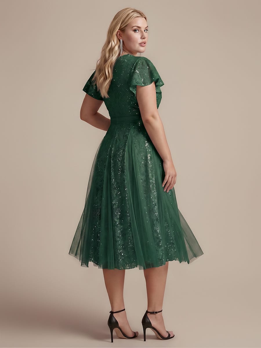 Ruffled Lace Ruffle Sleeve Dress #color_Dark Green