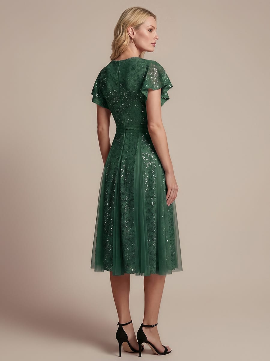 Ruffled Lace Ruffle Sleeve Dress #color_Dark Green