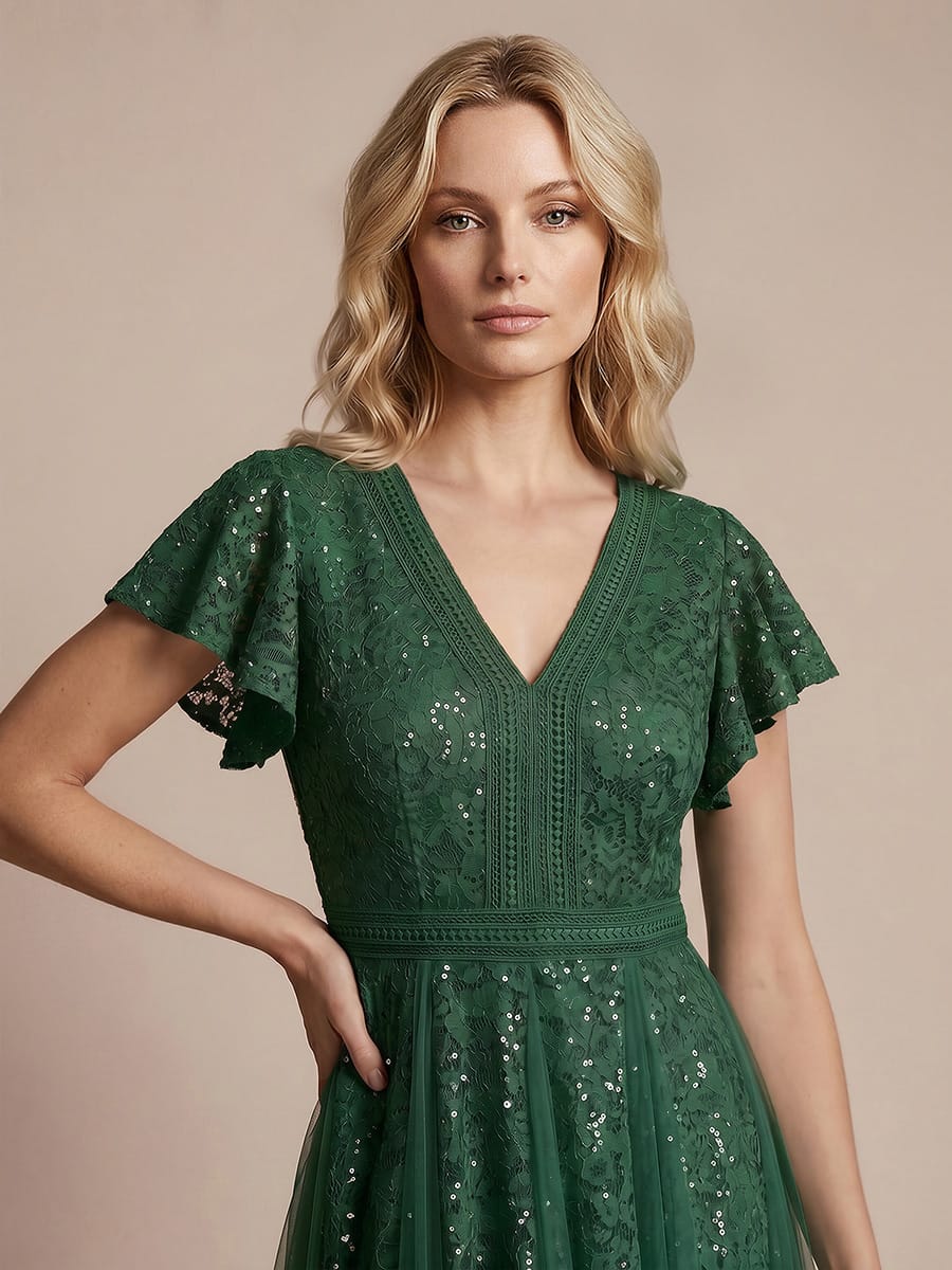 Ruffled Lace Ruffle Sleeve Dress #color_Dark Green