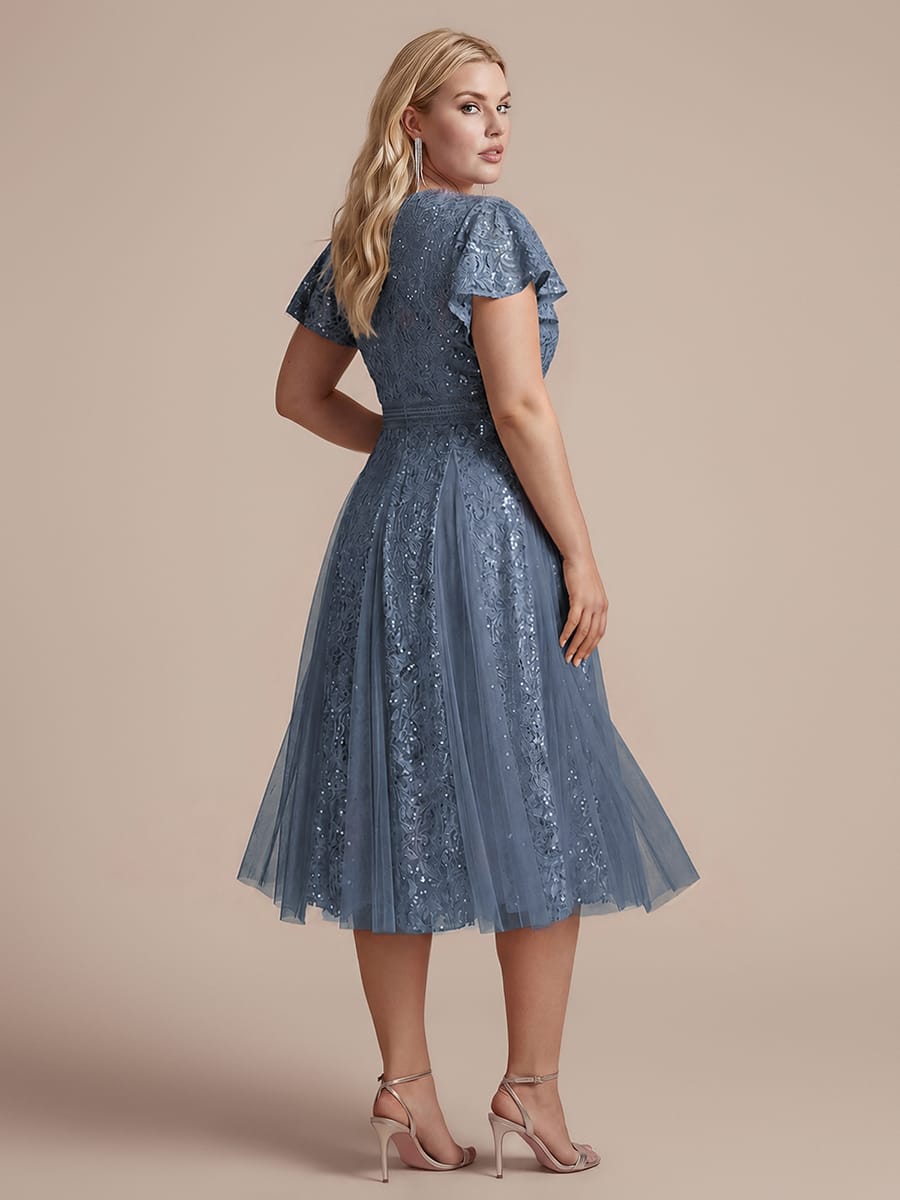 Ruffled Lace Ruffle Sleeve Dress #color_Dusty Blue