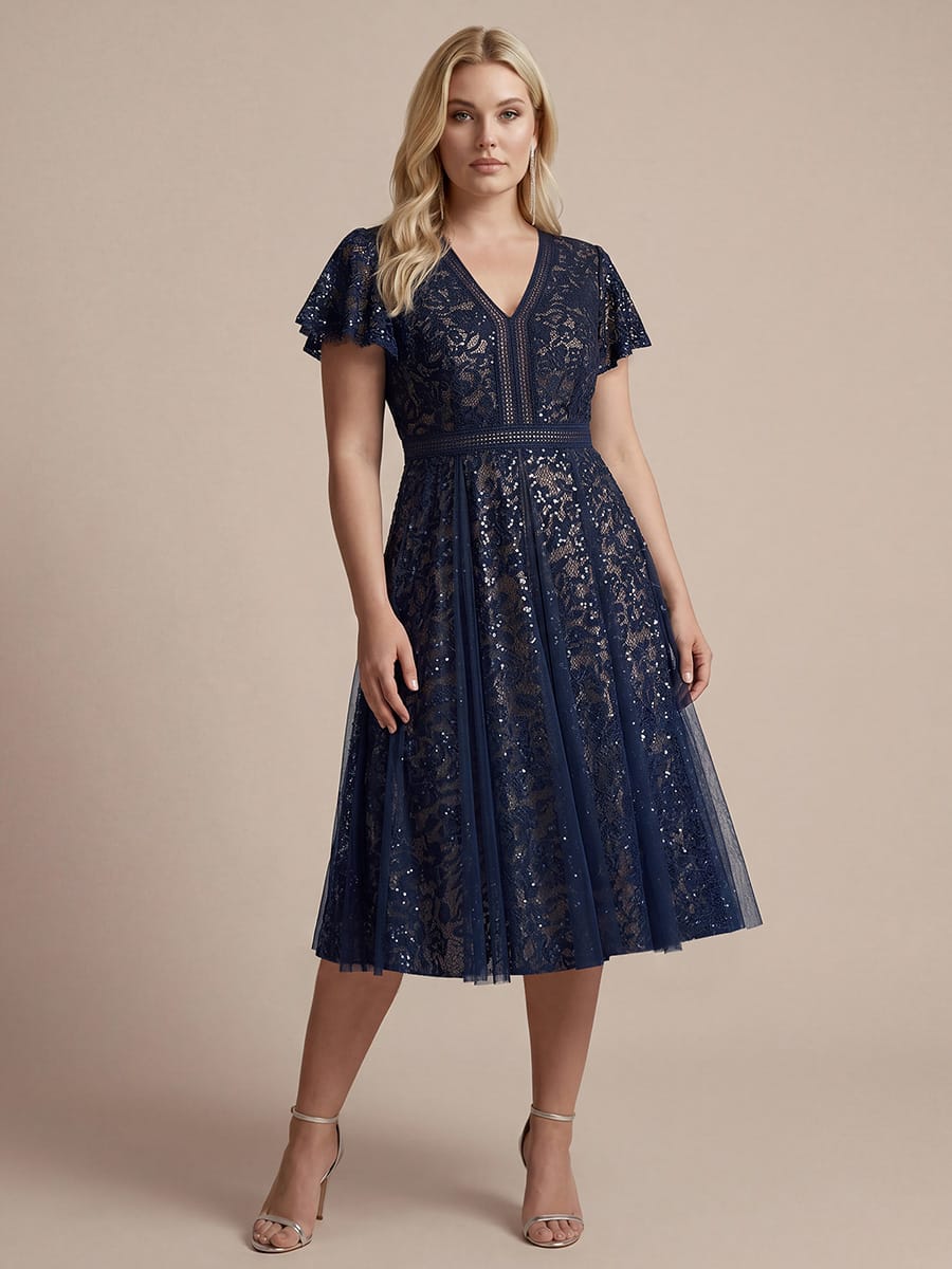 Ruffled Lace Ruffle Sleeve Dress #color_Navy Blue