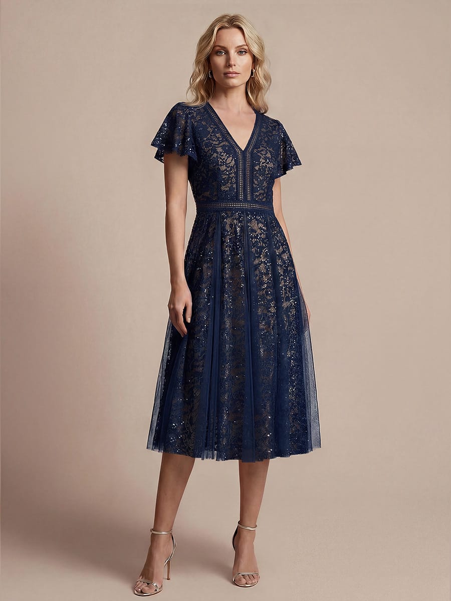 Ruffled Lace Ruffle Sleeve Dress #color_Navy Blue