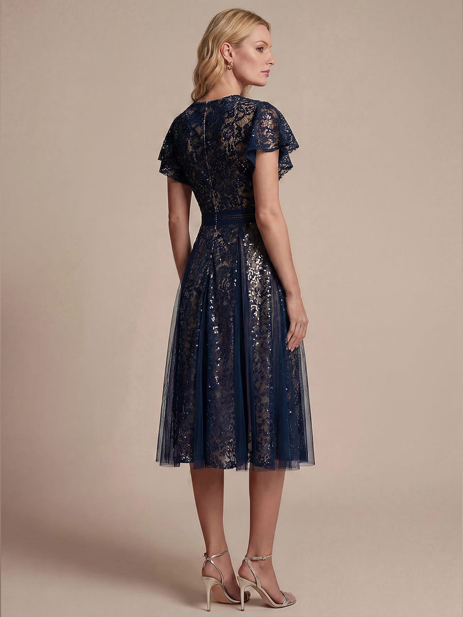 Ruffled Lace Ruffle Sleeve Dress #color_Navy Blue