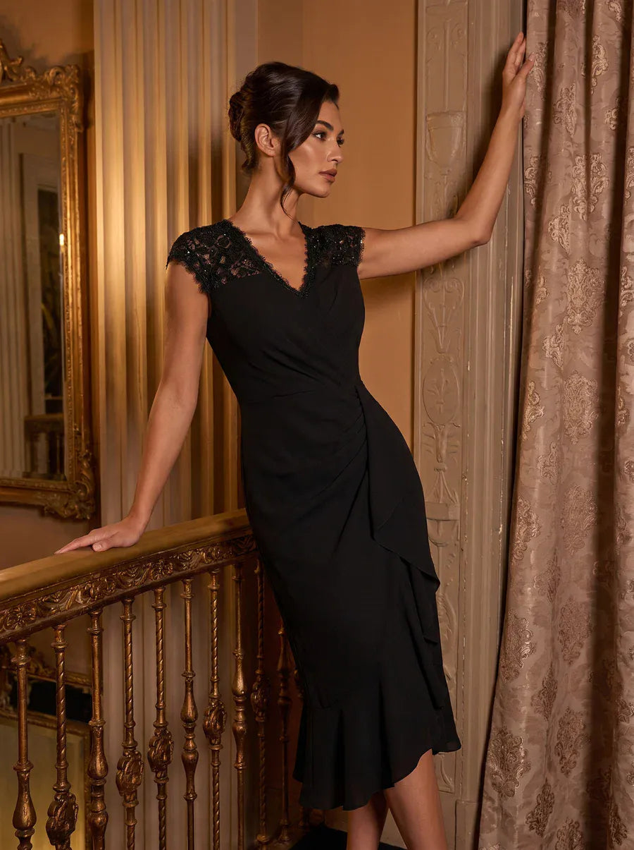 Lace Cap Sleeve Mermaid Dress #color_Black
