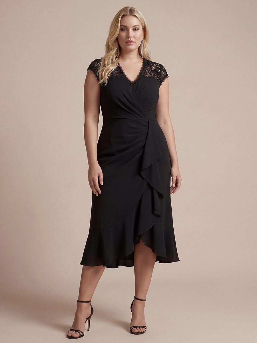 Lace Cap Sleeve Mermaid Dress #color_Black