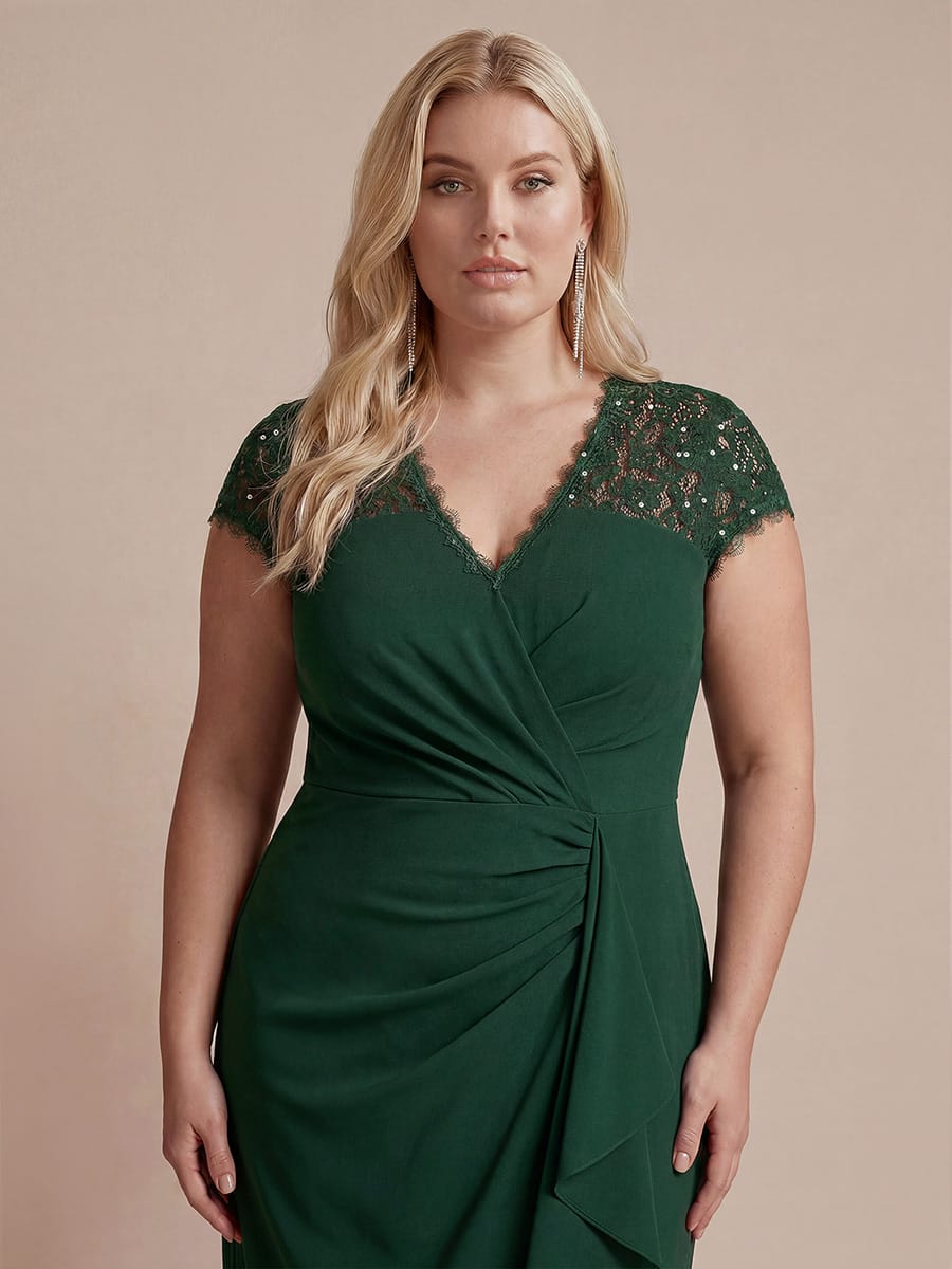 Lace Cap Sleeve Mermaid Dress #color_Dark Green