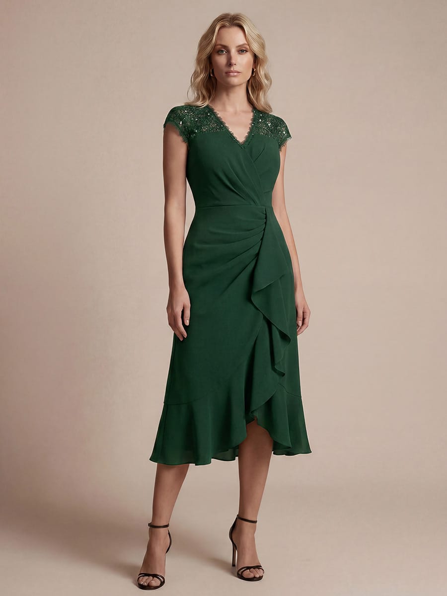 Lace Cap Sleeve Mermaid Dress #color_Dark Green