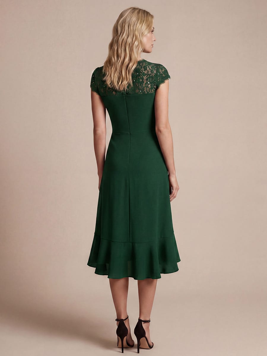 Lace Cap Sleeve Mermaid Dress #color_Dark Green