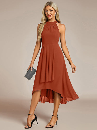 Midi A Line Sleeveless Halter Neck Wedding Guest Dress in Chiffon #color_Burnt Orange
