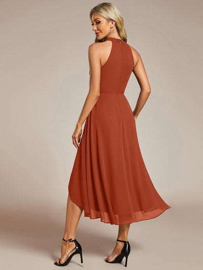 Midi A Line Sleeveless Halter Neck Wedding Guest Dress in Chiffon #color_Burnt Orange