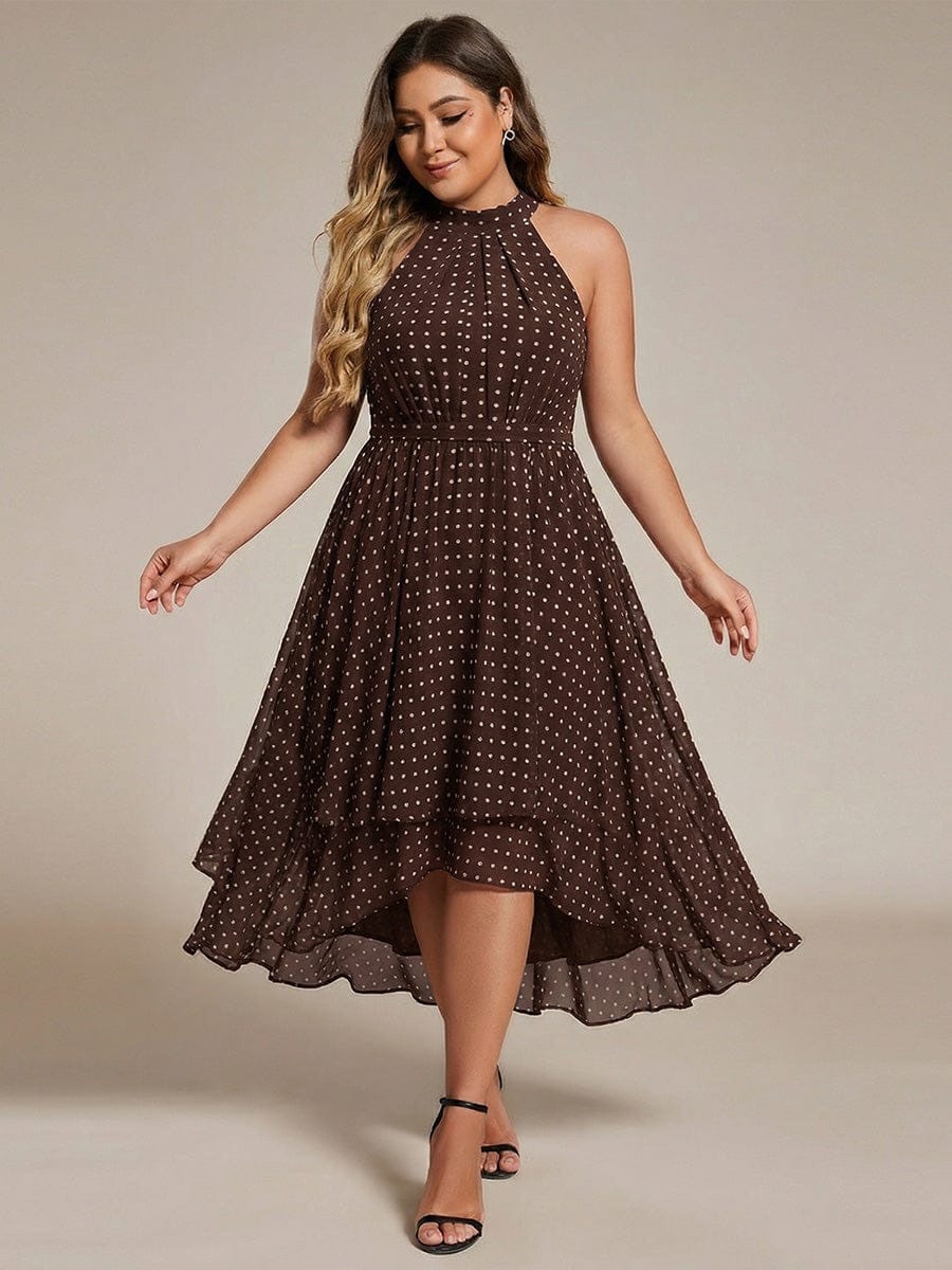 Midi A Line Sleeveless Halter Neck Evening Dress in Chiffon #color_Brown Polka Dots