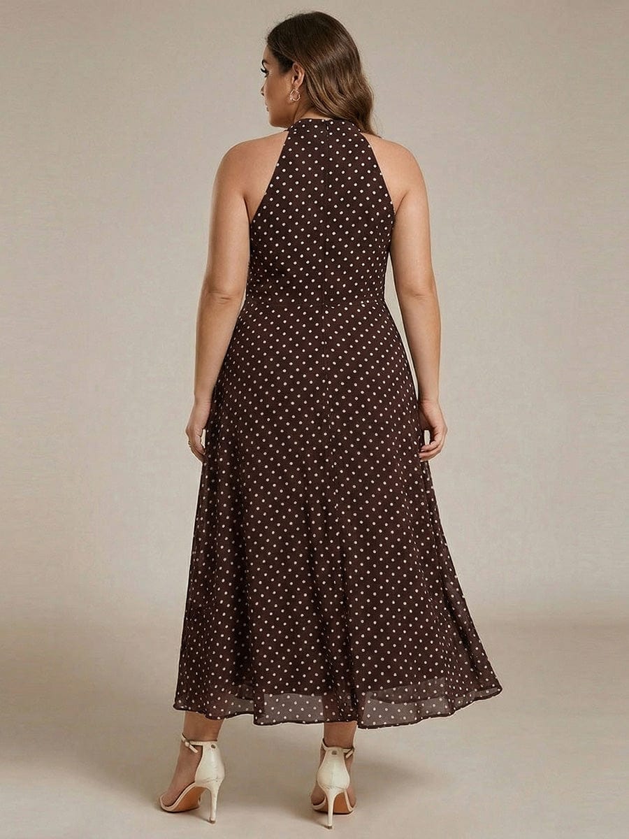 Midi A Line Sleeveless Halter Neck Evening Dress in Chiffon #color_Brown Polka Dots