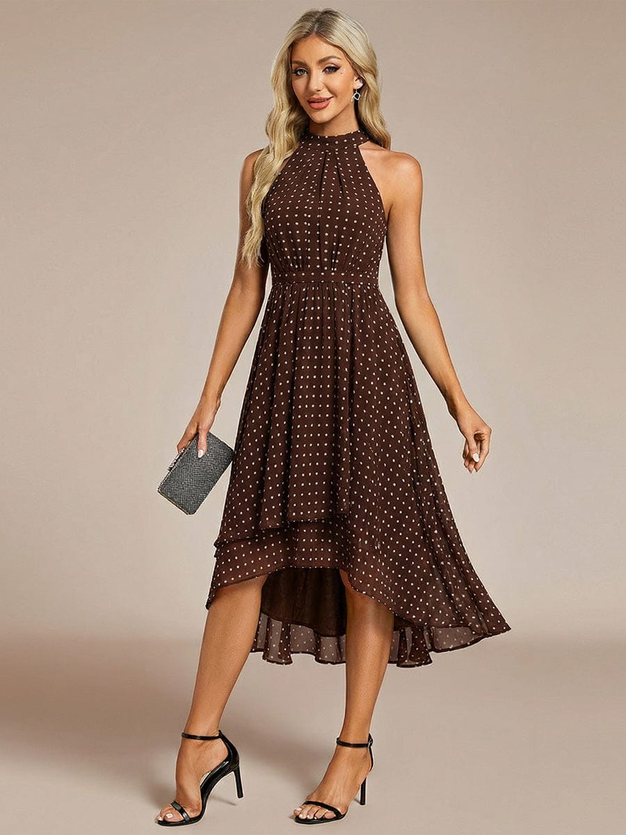 Midi A Line Sleeveless Halter Neck Evening Dress in Chiffon #color_Brown Polka Dots