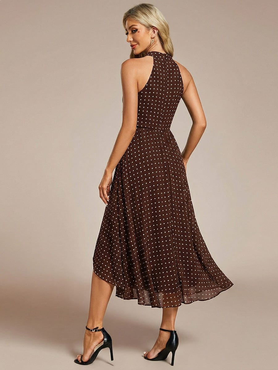 Midi A Line Sleeveless Halter Neck Evening Dress in Chiffon #color_Brown Polka Dots