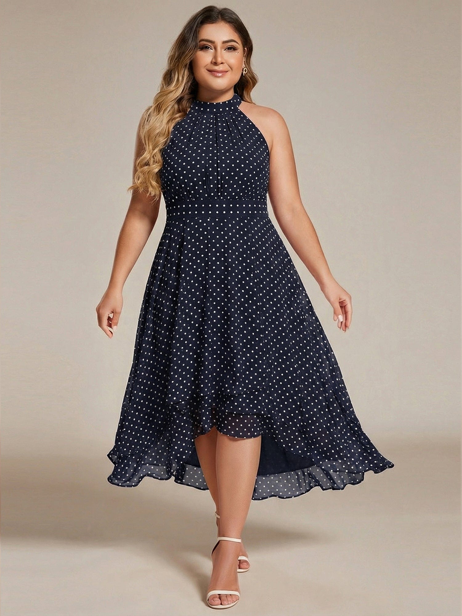 Midi A Line Sleeveless Halter Neck Evening Dress in Chiffon #color_Navy Blue Polka Dots