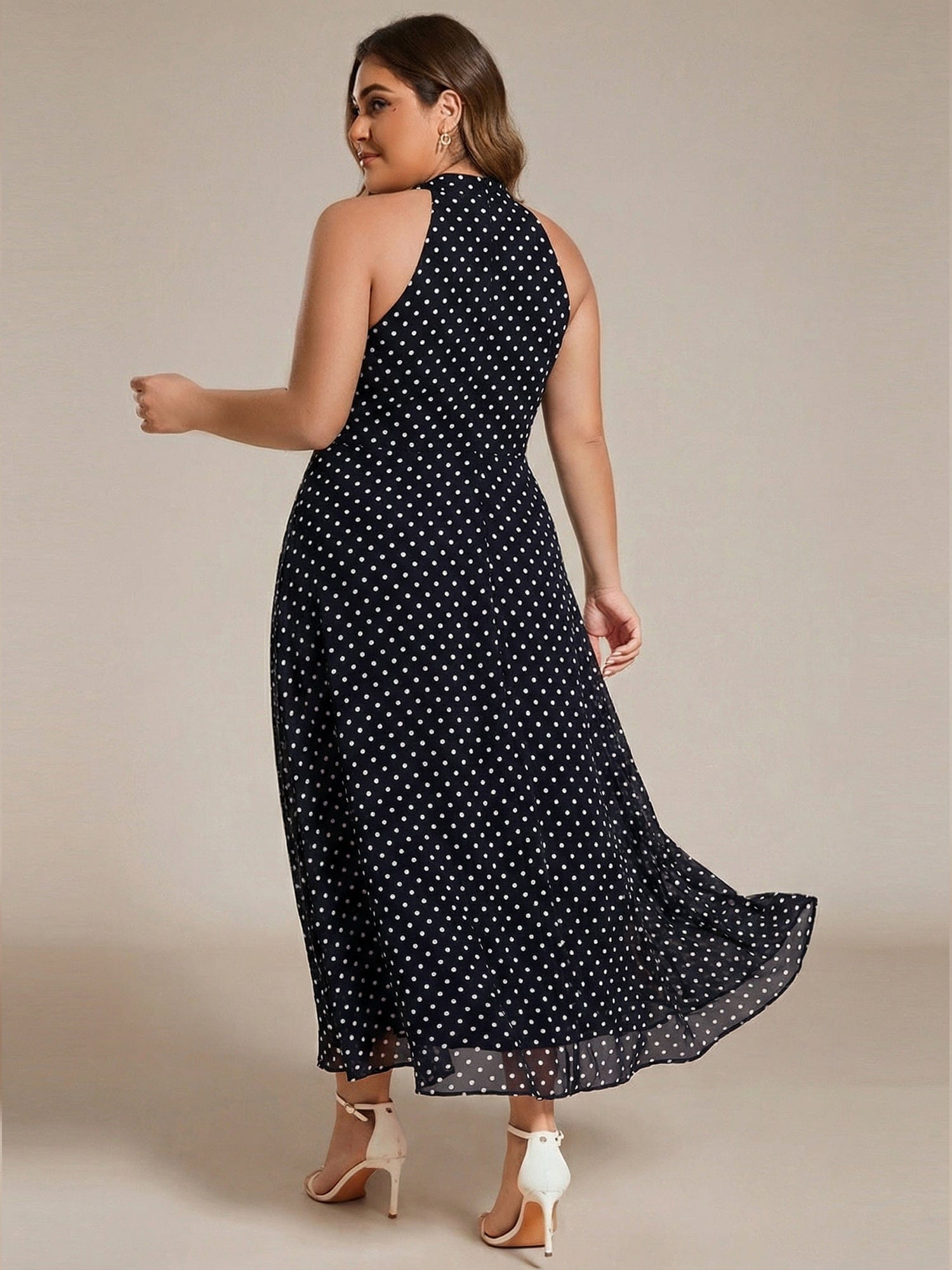Midi A Line Sleeveless Halter Neck Evening Dress in Chiffon #color_Navy Blue Polka Dots