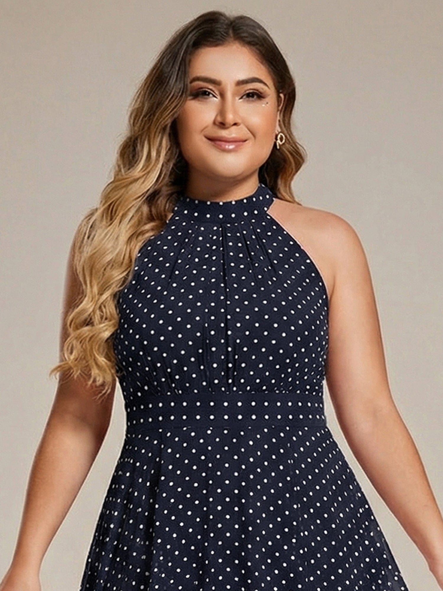 Midi A Line Sleeveless Halter Neck Evening Dress in Chiffon #color_Navy Blue Polka Dots