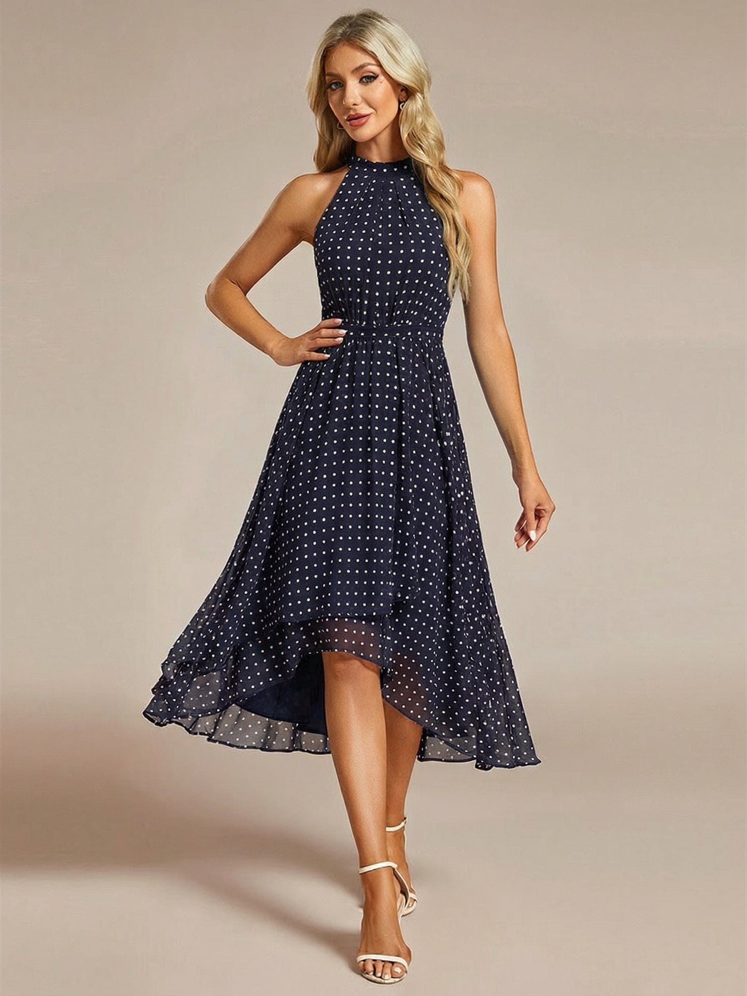 Midi A Line Sleeveless Halter Neck Evening Dress in Chiffon #color_Navy Blue Polka Dots
