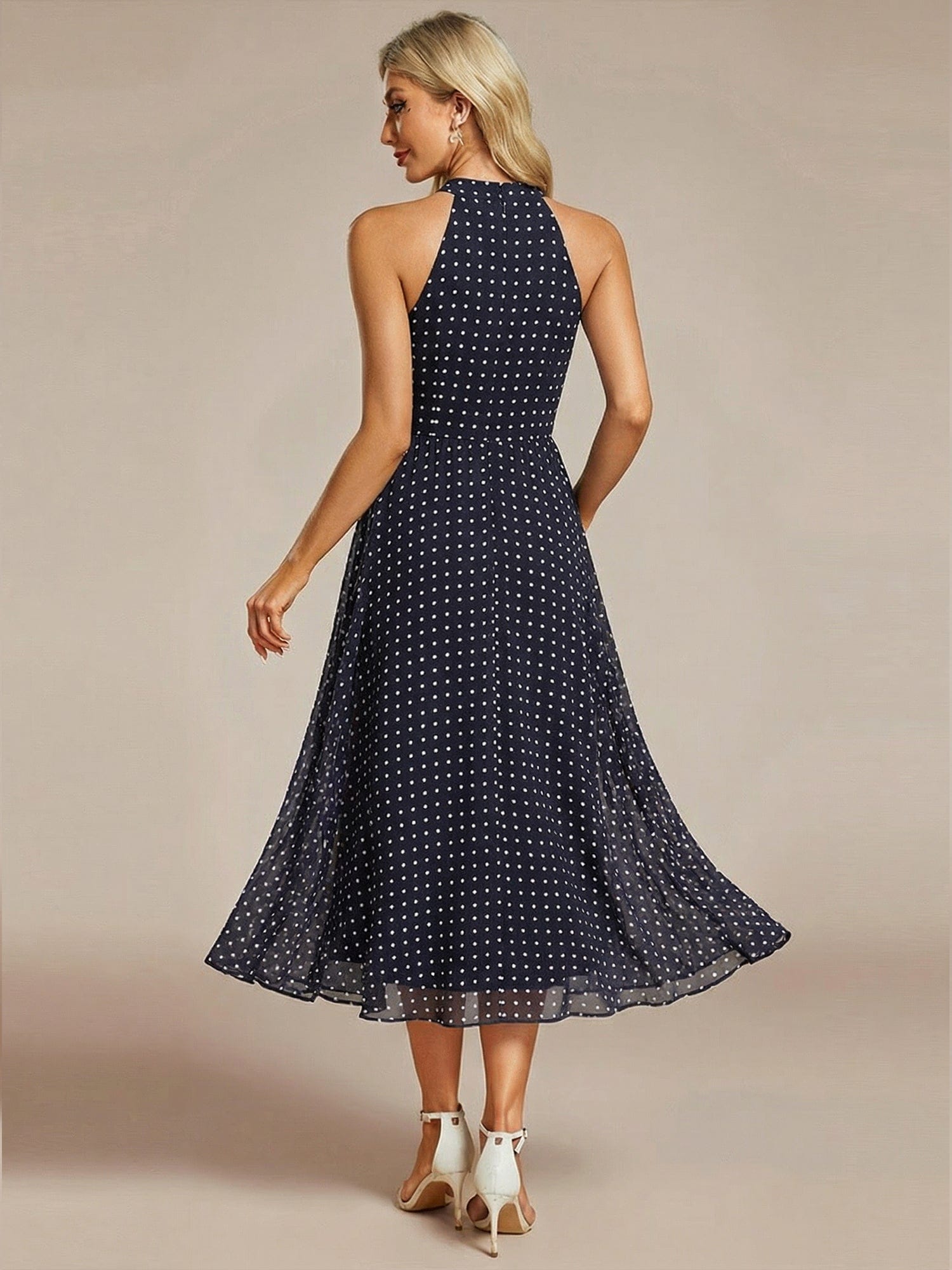Midi A Line Sleeveless Halter Neck Evening Dress in Chiffon #color_Navy Blue Polka Dots