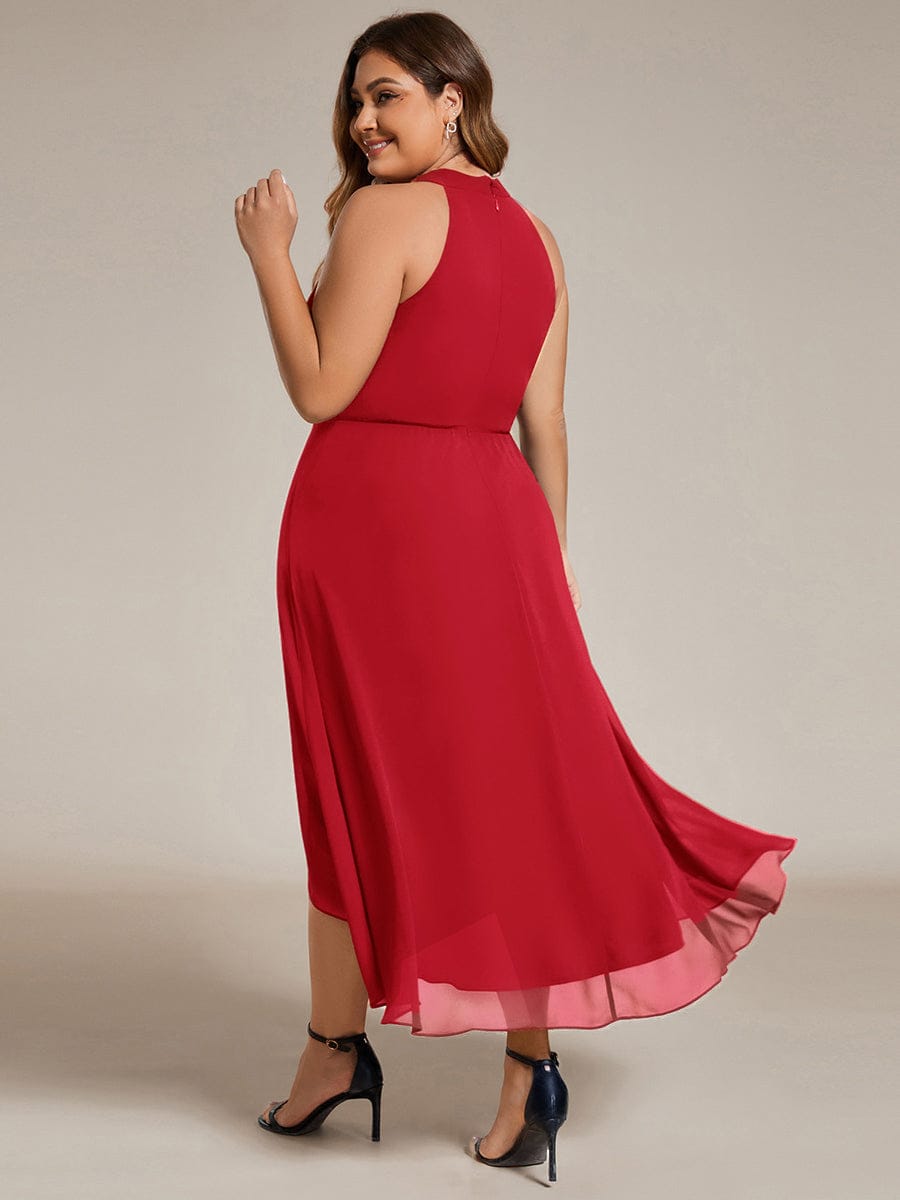 Midi A Line Sleeveless Halter Neck Evening Dress in Chiffon #color_Red