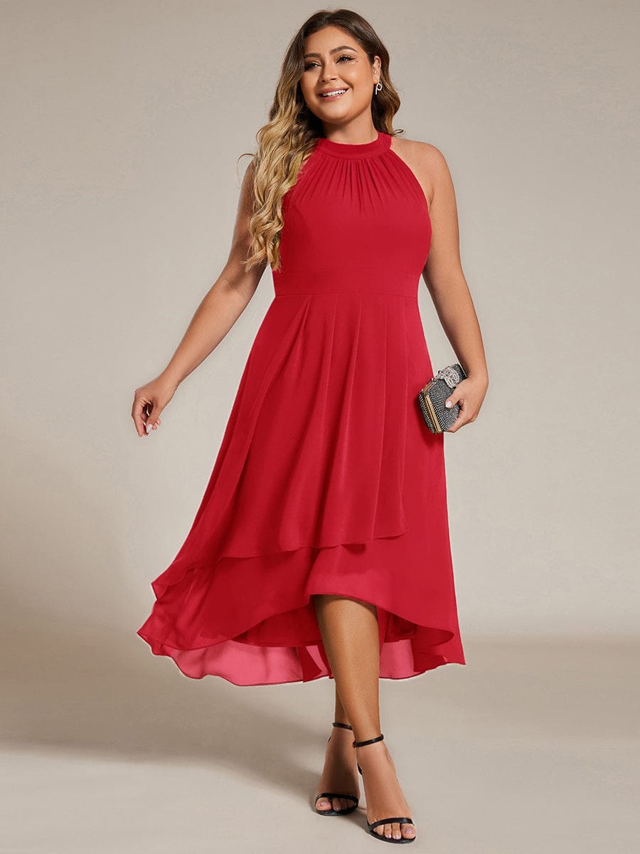 Midi A Line Sleeveless Halter Neck Evening Dress in Chiffon #color_Red