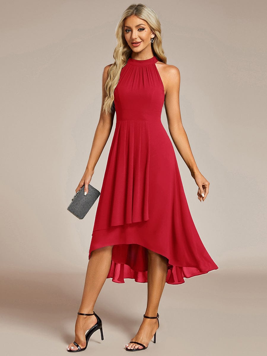 Midi A Line Sleeveless Halter Neck Wedding Guest Dress in Chiffon #color_Red