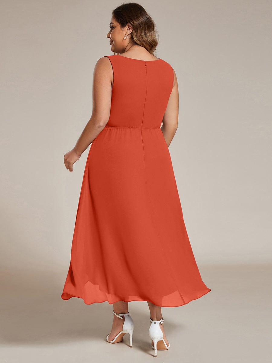 Plus Size Sleeveless Chiffon High-Low Wedding Guest Dress with Waist Applique #color_Burnt Orange