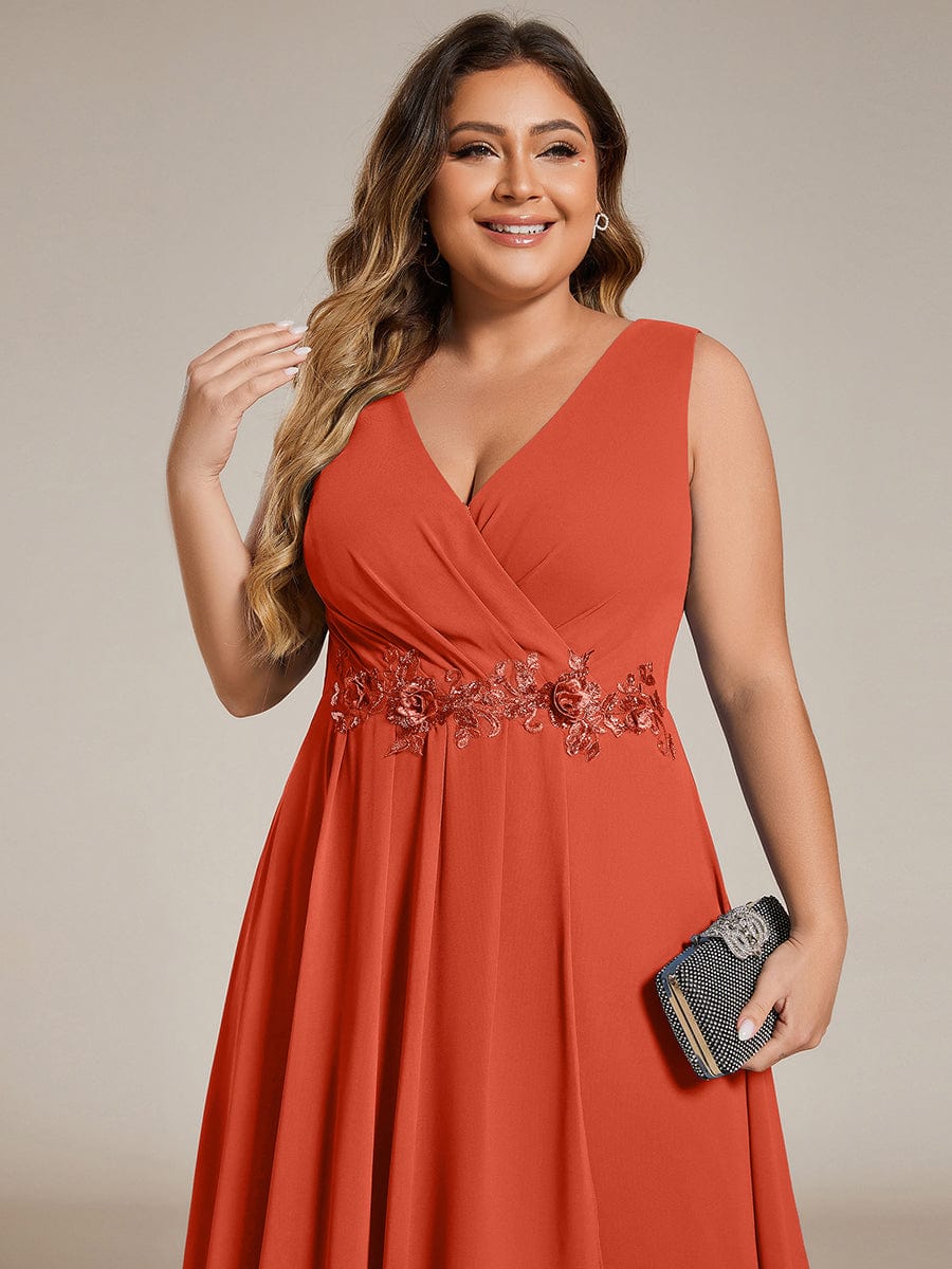 Plus Size Sleeveless Chiffon High-Low Wedding Guest Dress with Waist Applique #color_Burnt Orange