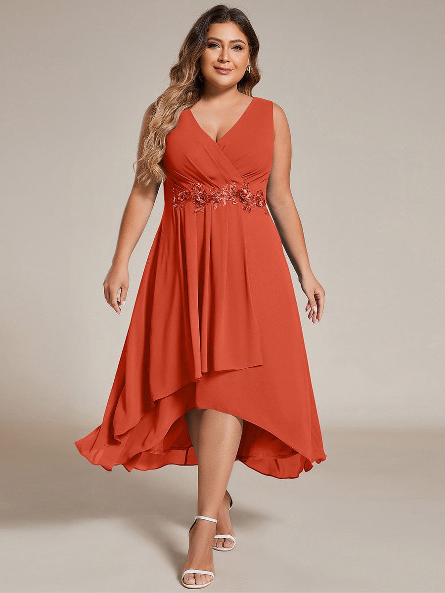 Plus Size Sleeveless Chiffon High-Low Wedding Guest Dress with Waist Applique #color_Burnt Orange