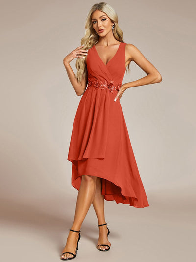 Sleeveless Chiffon High-Low Wedding Guest Dress with Waist Applique #color_Burnt Orange