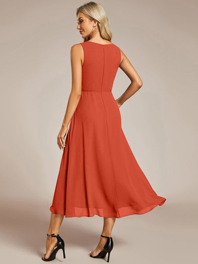 Sleeveless Chiffon High-Low Wedding Guest Dress with Waist Applique #color_Burnt Orange