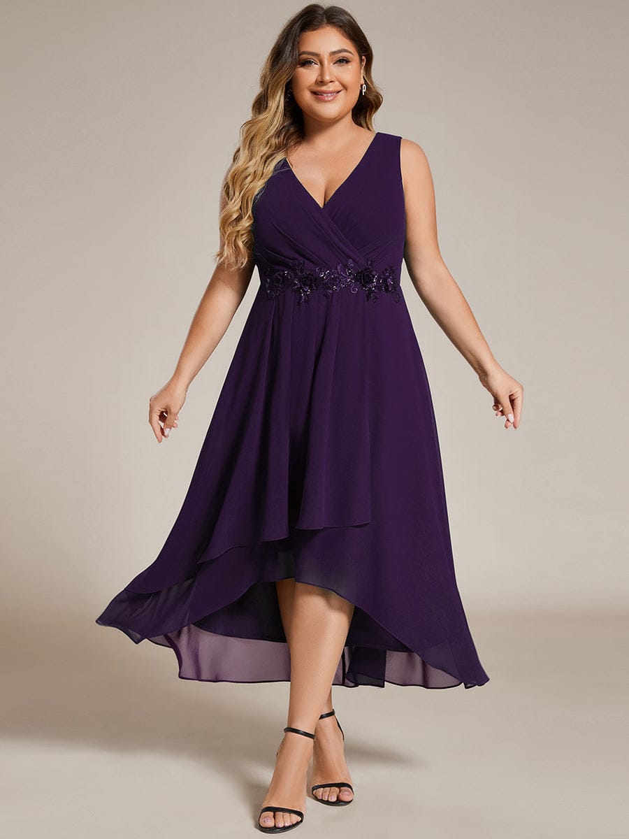 Plus Size Sleeveless Chiffon High-Low Wedding Guest Dress with Waist Applique #color_Dark Purple