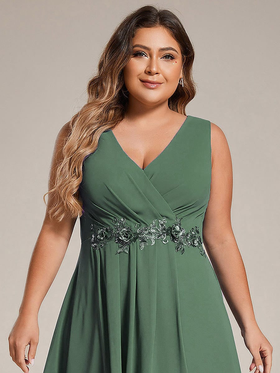 Sleeveless Chiffon High-Low Wedding Guest Dress with Waist Applique #color_Eucalyptus Green