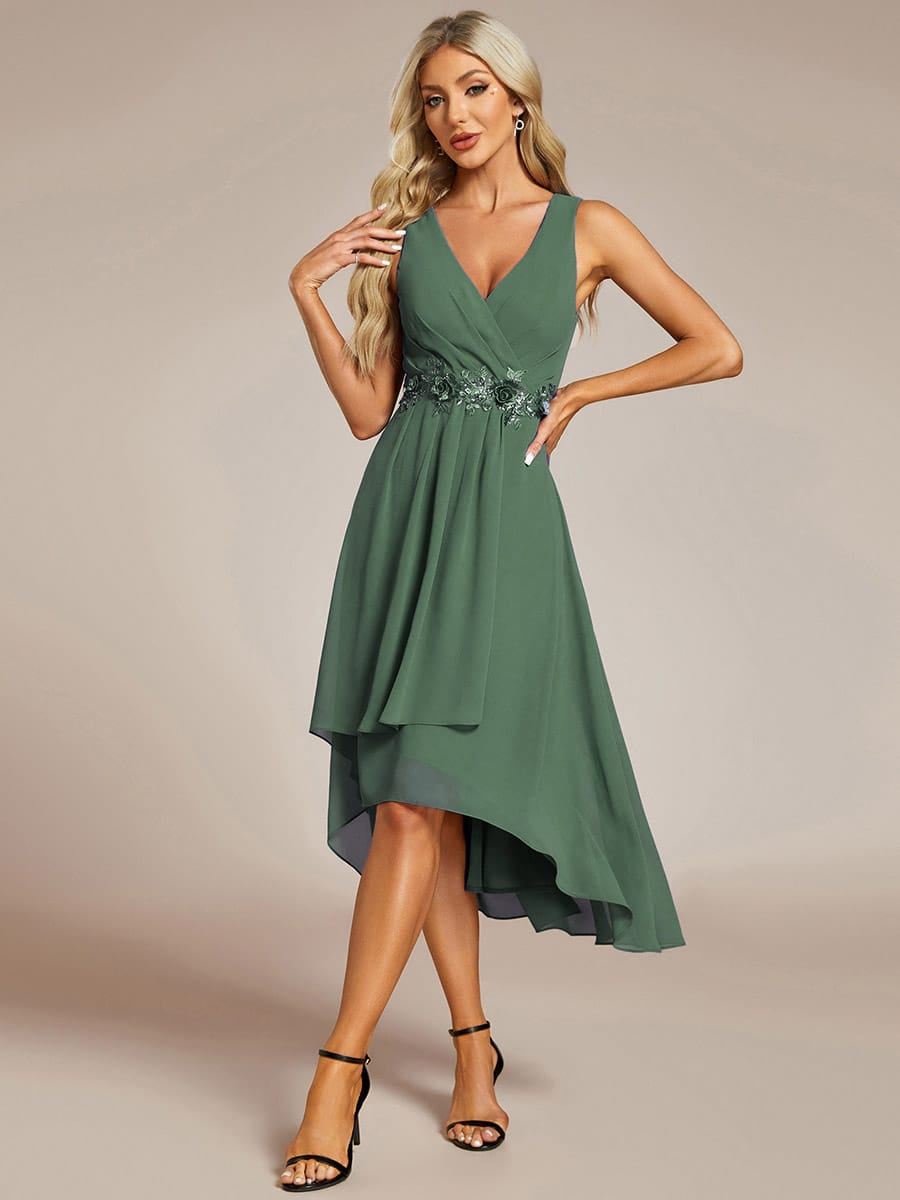 Sleeveless Chiffon High-Low Wedding Guest Dress with Waist Applique #color_Eucalyptus Green