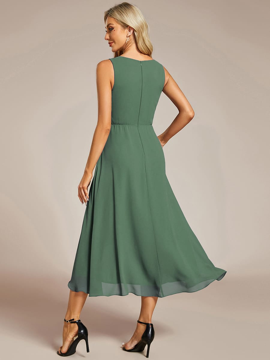 Sleeveless Chiffon High-Low Wedding Guest Dress with Waist Applique #color_Eucalyptus Green