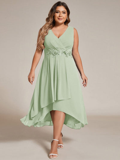 Plus Size Sleeveless Chiffon High-Low Wedding Guest Dress with Waist Applique #color_Mint Green