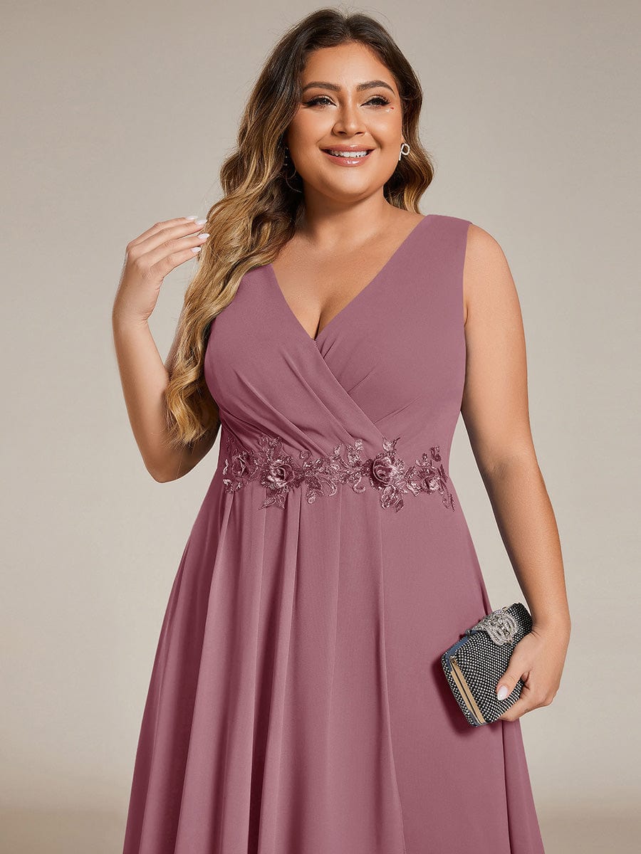 Plus Size Sleeveless Chiffon High-Low Wedding Guest Dress with Waist Applique #color_Purple Orchid