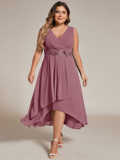 Plus Size Sleeveless Chiffon High-Low Wedding Guest Dress with Waist Applique #color_Purple Orchid