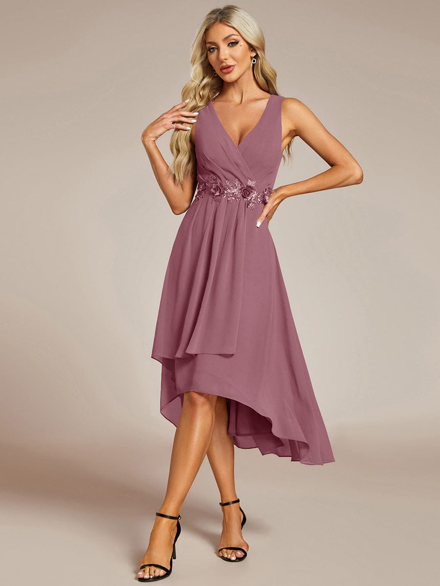 Sleeveless Chiffon High-Low Wedding Guest Dress with Waist Applique #color_Purple Orchid