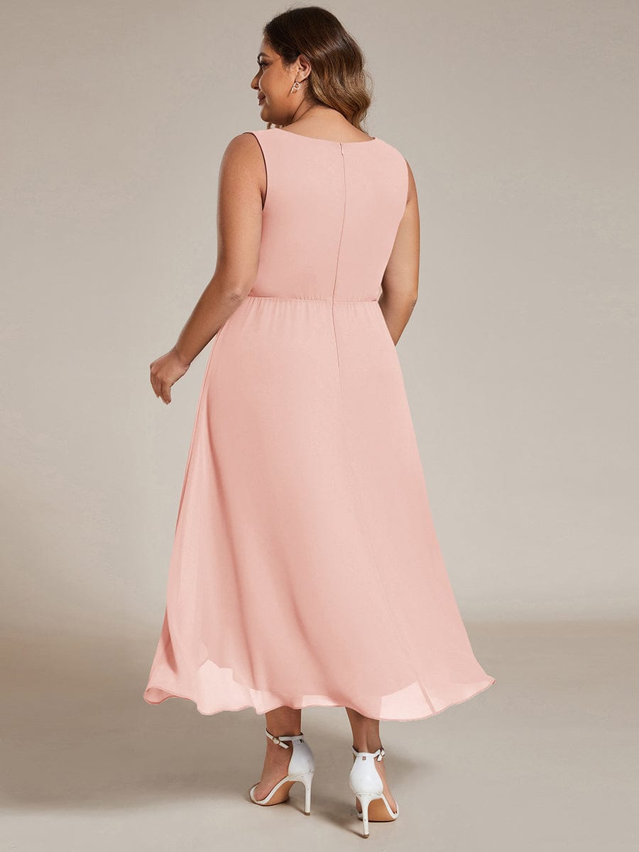 Plus Size Sleeveless Chiffon High-Low Wedding Guest Dress with Waist Applique #color_Pink