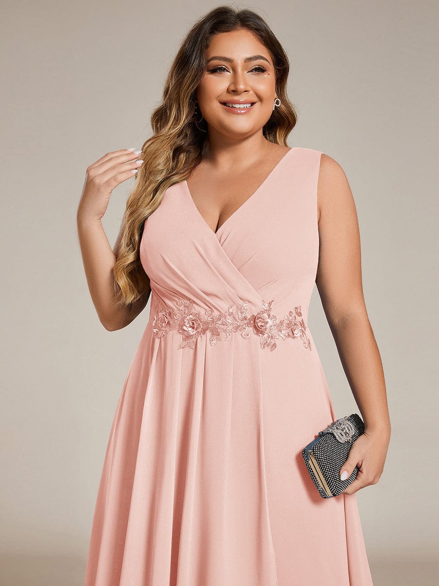 Plus Size Sleeveless Chiffon High-Low Wedding Guest Dress with Waist Applique #color_Pink