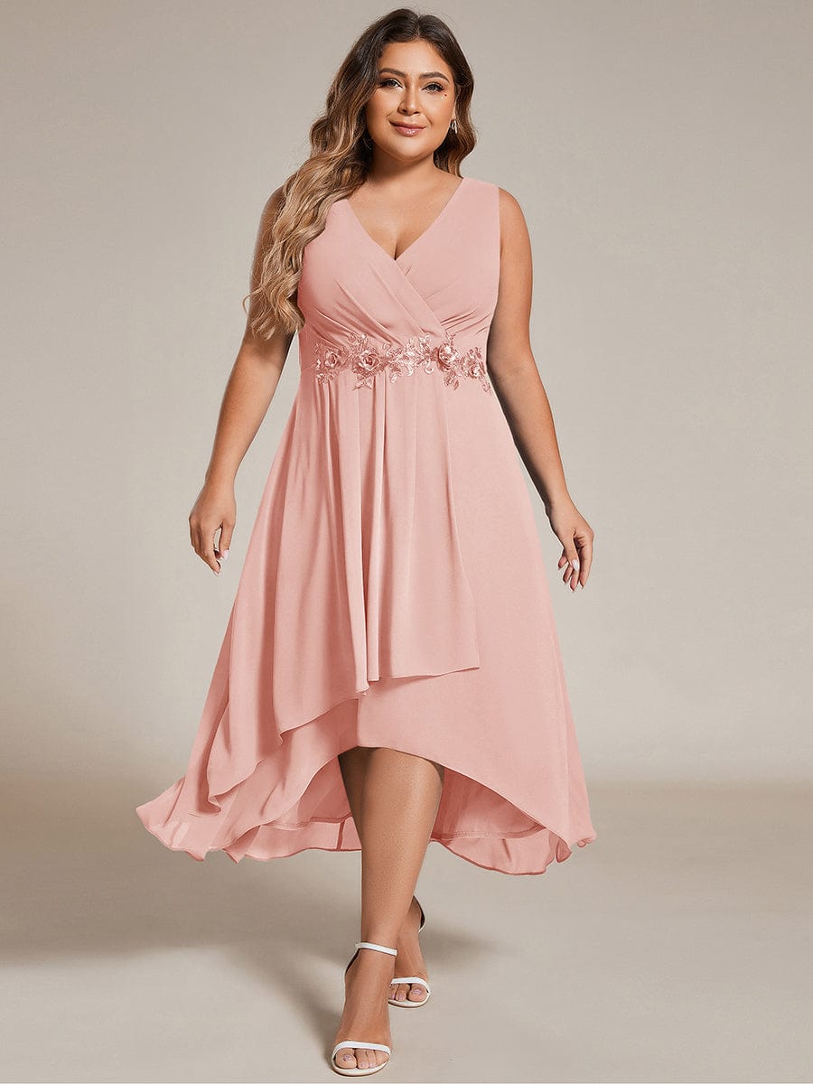 Plus Size Sleeveless Chiffon High-Low Wedding Guest Dress with Waist Applique #color_Pink