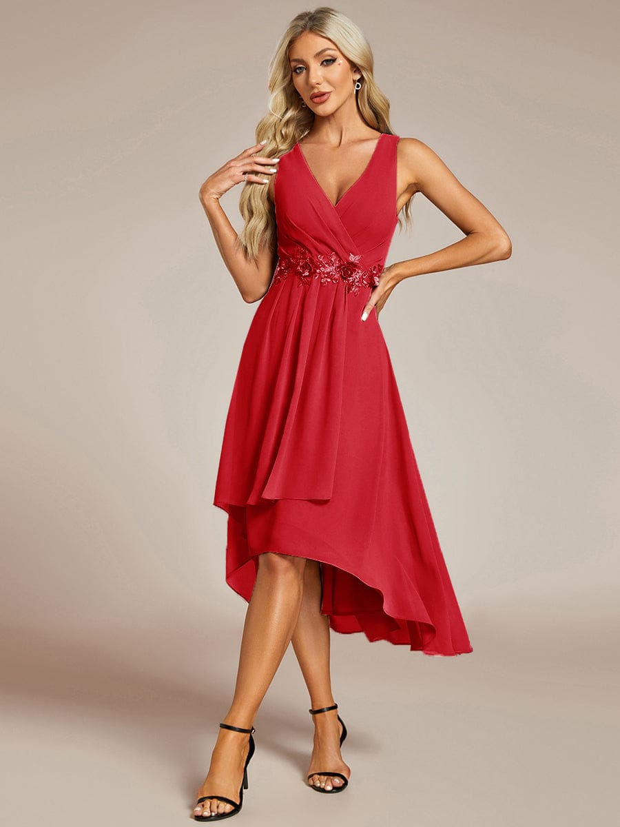 Sleeveless Chiffon High-Low Wedding Guest Dress with Waist Applique #color_Red